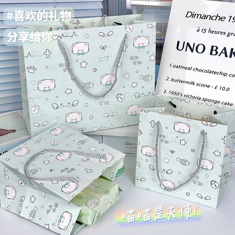 Water Blue Background Kitten Simple High-End Gift Bag Ins Thickened Cute Japanese and Korean White Cardboard Bag Durable Storage Bag