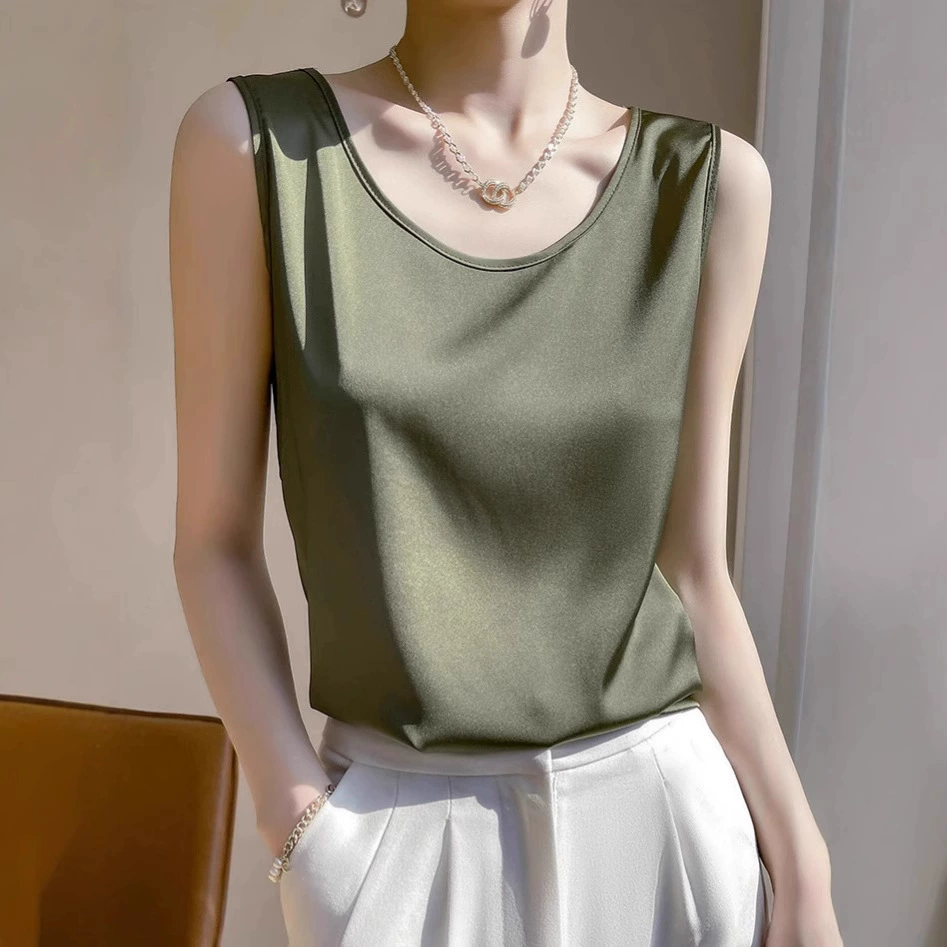 Шелковый камзол женский костюм с круглым вырезом шелковица белая черная нижняя рубашка свободная кованая летняя топ