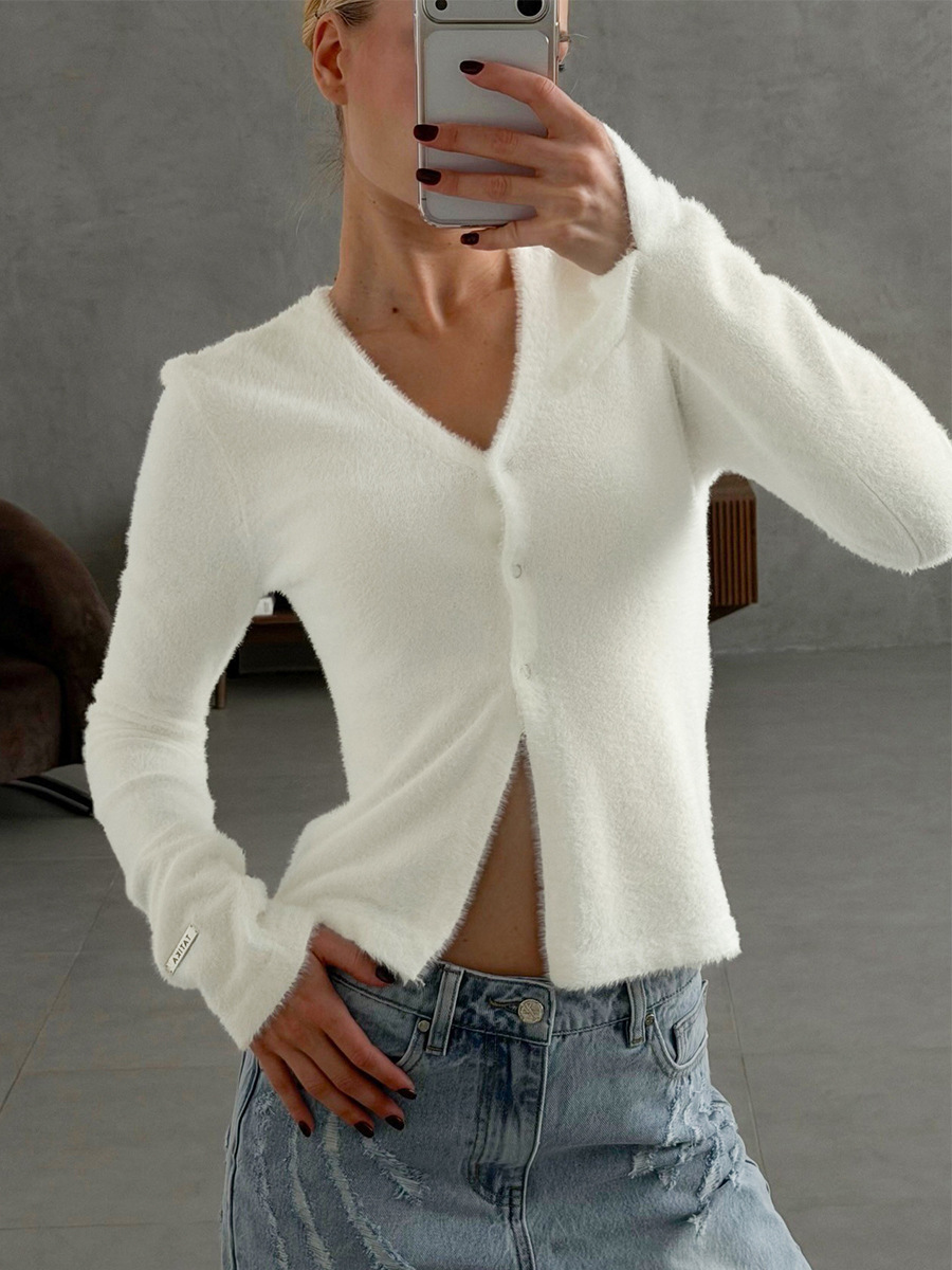 Suéter blando y glutinoso transfronterizo Europa y los Estados Unidos 2026 otoño y invierno nuevo cuello en V imitación de la camiseta de agua, cintura corta cardigan de punto