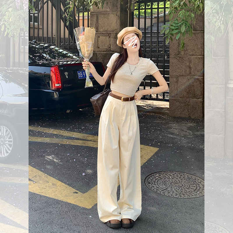 宋正恩白色垂感阔腿裤女夏季小个子高腰显瘦休闲裤拖地宽松白裤子|undefined