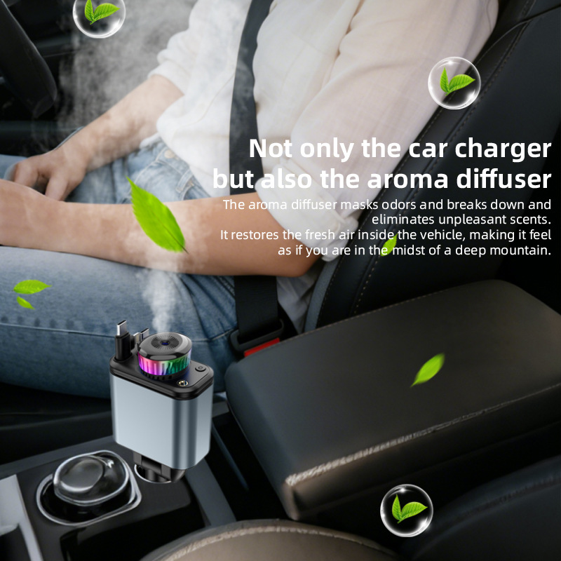 Car fast charger with starry sky light, ambient light, aromatherapy diffuser, Bluetooth MP3 player, retractable data cable