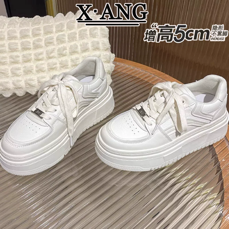 White shoes, footwear, universal breathable sneakers platform for leisure, genuine leather, trend of season