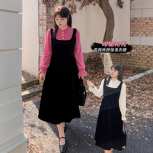 k2894大码女装蕾丝拼接丝绒假两件拼接连衣裙 微胖女孩衣服连衣裙