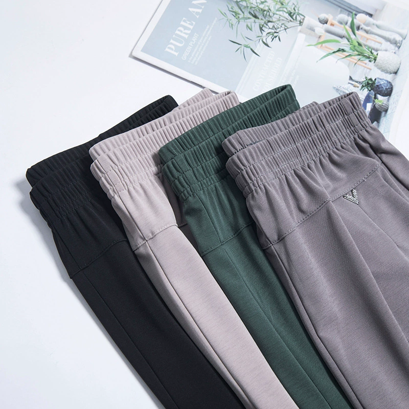 Мама весенние брюки среднего возраста женщины летом тонкие ледяные шелковые укороченные брюки среднего и пожилого возраста эластичная талия с высокой талией