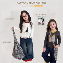 艾摩贝贝女童甜酷长袖T恤上衣儿童韩版奥代尔卡通拼接辣妹打底衫