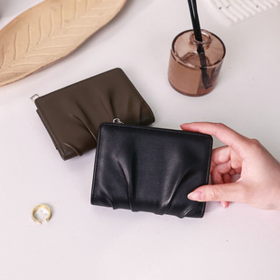 New Women's Wallet Short Korean Style Pleated Design Women's Card Holder Solid Color Simple Multi-Card Slot Coin Card Holder for Women