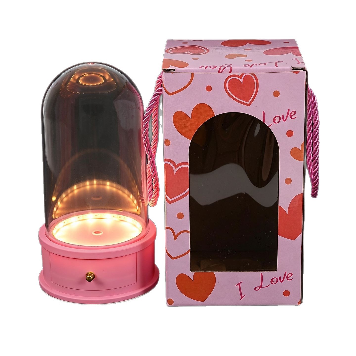 Flor inmortal cubierta de vidrio caja de joyería base con lámpara flor seca rosa cubierta de polvo exhibición cubierta floral suministros pendulares