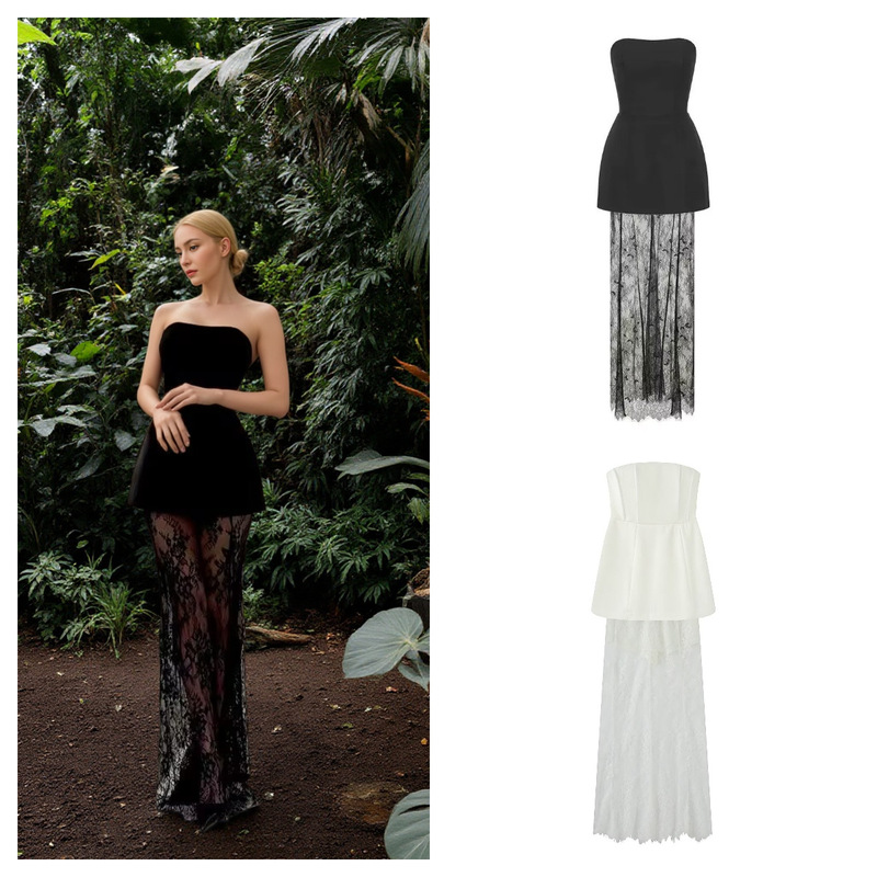 Za European and American Cross-Border 2025 New Women's Party Casual Suit Waistband Tube Top + High Waist Lace Long Skirt