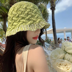 Lace-embroidered grass woven fisherman hat for women, summer, breathable, sunshade, sunscreen, makes face look smaller, bucket hat, large circumference, green hat, trendy