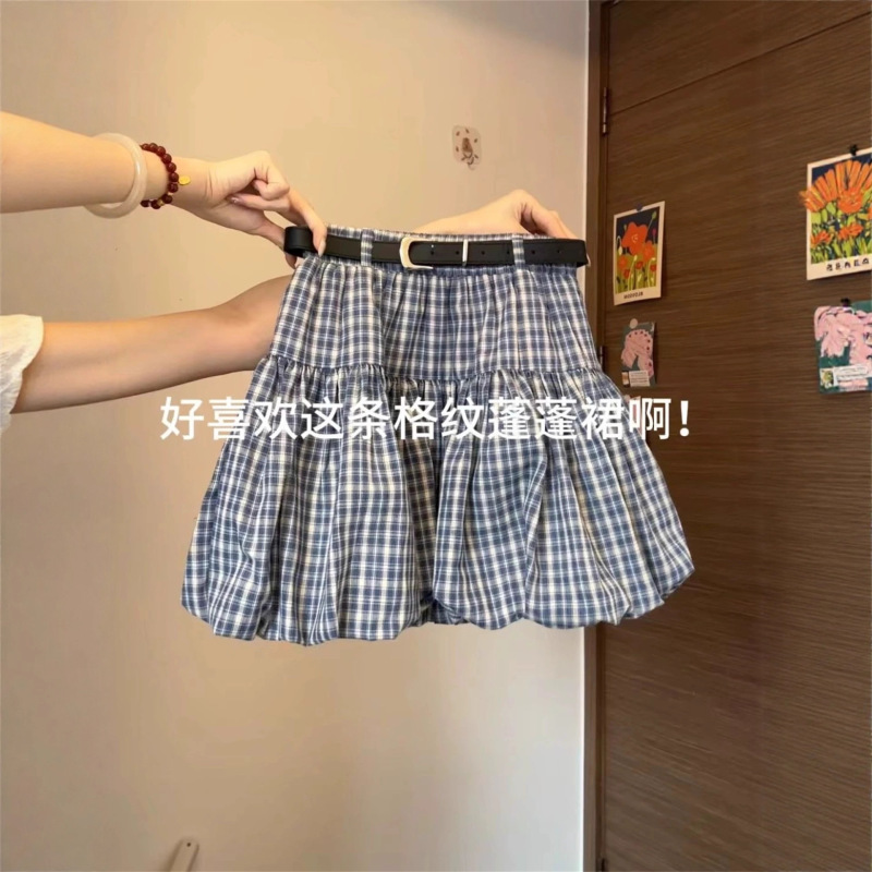 大码胖mm设计感蓝色格子裤裙花苞半身裙女夏季韩系高腰A字短裙子|undefined