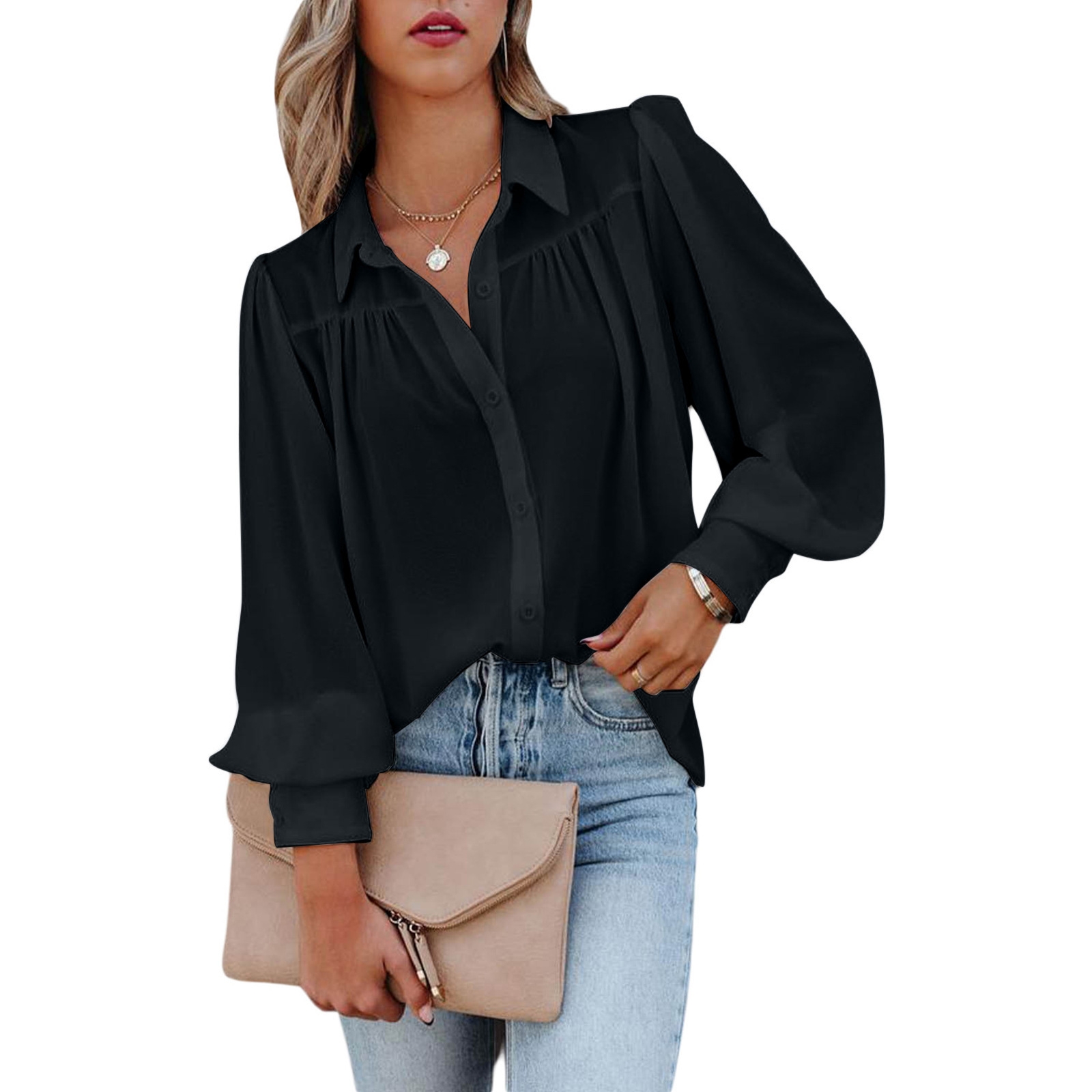 Women's Blouse Long Sleeve Blouses Patchwork Button Elegant Solid Color display picture 3