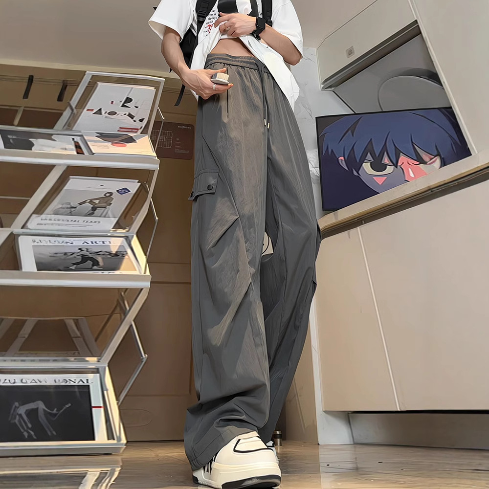 dark gray American-style overalls men's summer thin tall long quick-drying pants pleated hiking paratrooper pants