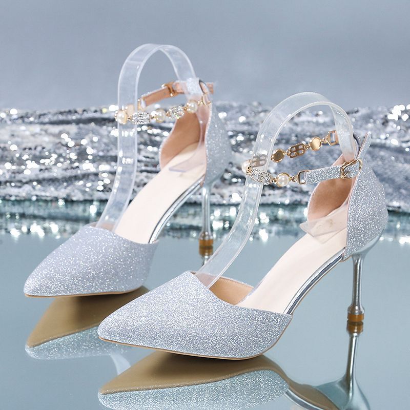 Wedding Shoes Stiletto Heel Design Niche Sandals 2024 Summer New Arrival silver High Heels Temperament Goddess Style Women's Single Shoes