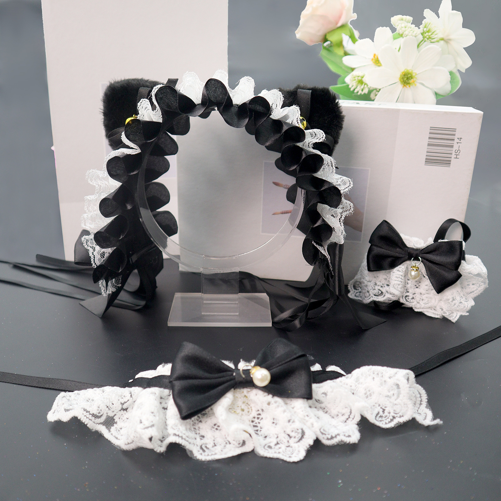 Lolita orejas de gato adornamiento de cabello arco campana de encaje borde clip de cabello banda de malla pulsera de hilo orejas de animales correa de cabello