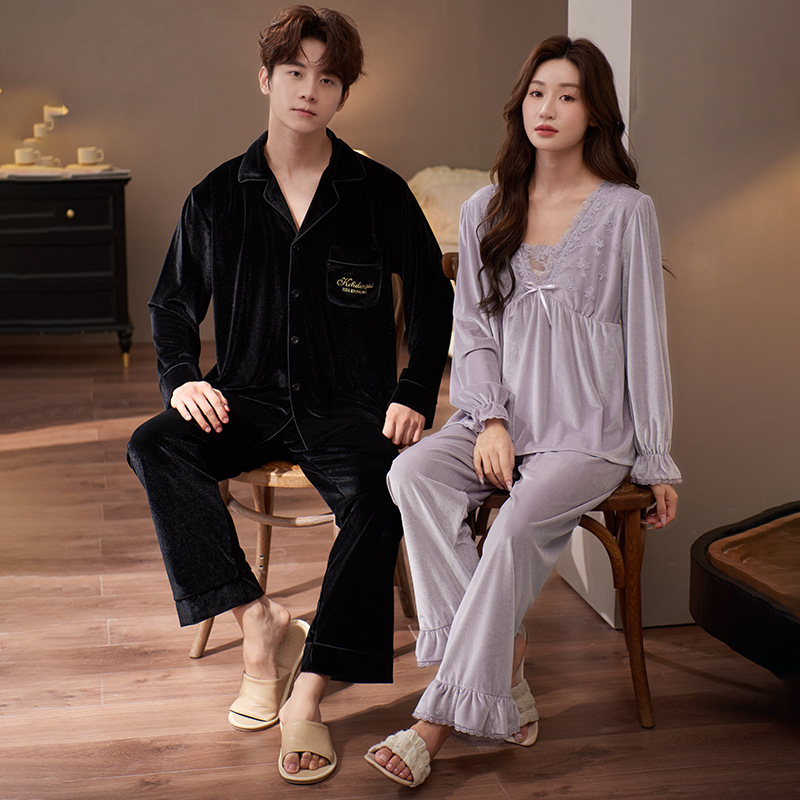 2026 New Velvet Couple Pajamas Autumn and Winter Thickened Warm Long-Sleeve Long-Pants Luxury Style Loungewear Set