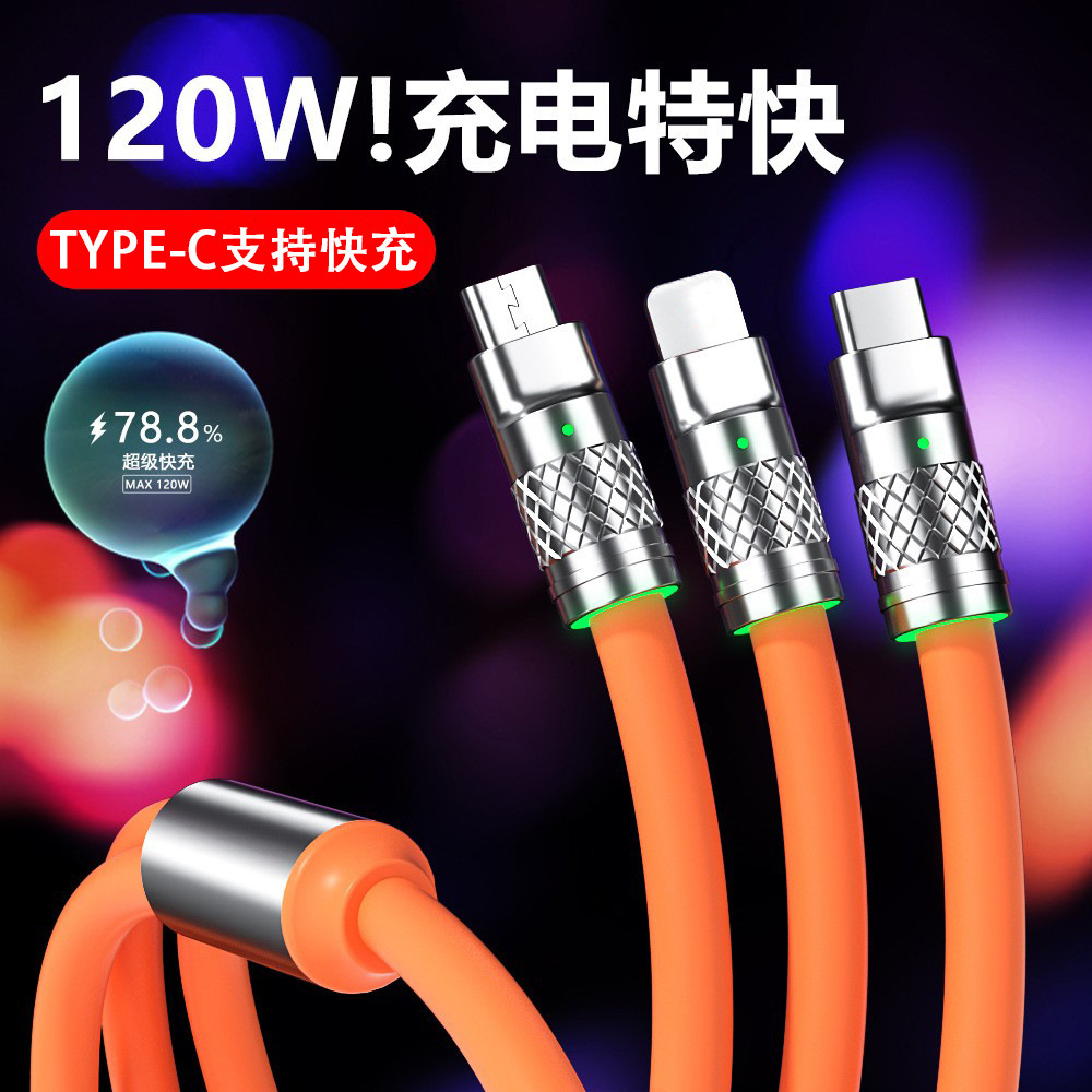 Jike Bir-Üçlü Işıklı Veri Kablosu 120W Süper Hızlı Şarj Geek Kablou TYPE-C Üçlü Şarj Kablosu