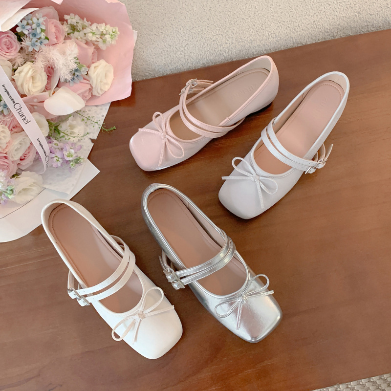 Increase Height Within 5cm ~ French Silver Flats for Women in Autum New Style Square Toe Bow Shallow Mouth Summer One-Line Strap Mary Jane