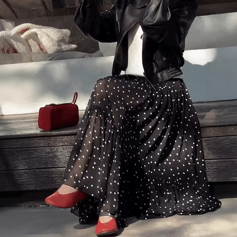 Black Polka Dot A-Line Skirt for Women 2026 Spring and Summer New Style Large Size High-Waisted Slimming Look Elegant Age-Reducing Mid-Length Skirt