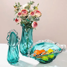 网红轻奢蓝色玻璃花瓶波浪花边水果盘居家客厅桌面样板间装饰摆件