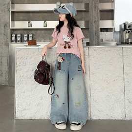 牛仔裤两件套可爱卡通女中童夏季新款洋气儿童短袖上衣牛仔裤套装