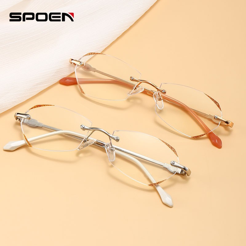 2024 Nuevo TikTok popular gafas de lectura de moda al por mayor gafas de lectura de las mujeres sin marco de corte de ladrillo frontera azul gafas de luz