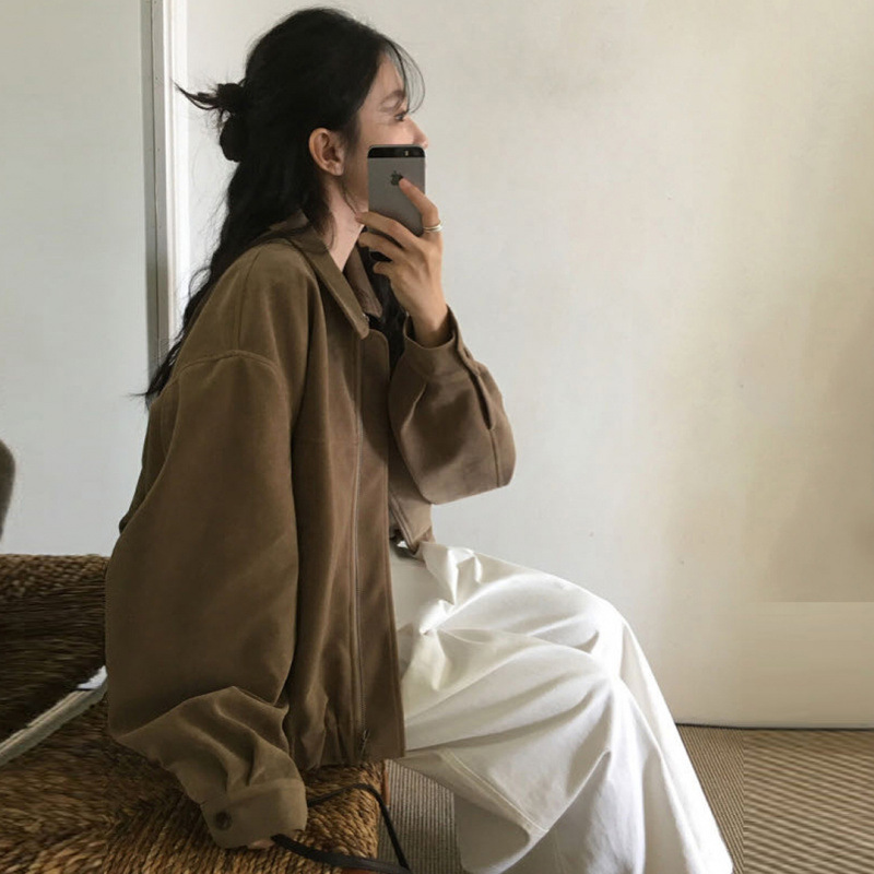 法式复古皮绒短外套女春秋款小众设计感宽松百搭别致上衣潮|undefined