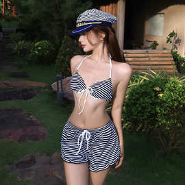 韩版小清新分体三件套泳衣女小胸性感比基尼条纹度假跨境外贸泳装