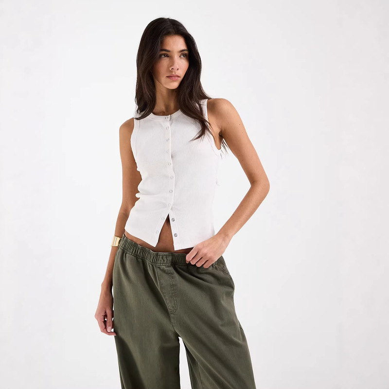 American-Style Ribbed Knit Tank Top for Women, Summer Elastic Slim-Fit Vest with a Stylish Design, Ribbed Sleeveless T-Shirt Top American-Style Ribbed Knit Tank Top for Women, Summer Elastic Slim-Fit Vest with a Stylish Design, Ribbed Sleeveless T-Shirt Top