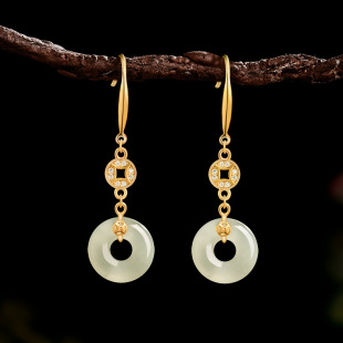 genuine goods old material Hetian jade jade ring earrings S925 silver inset Chinese style temperament women's personality earrings women's wholesale