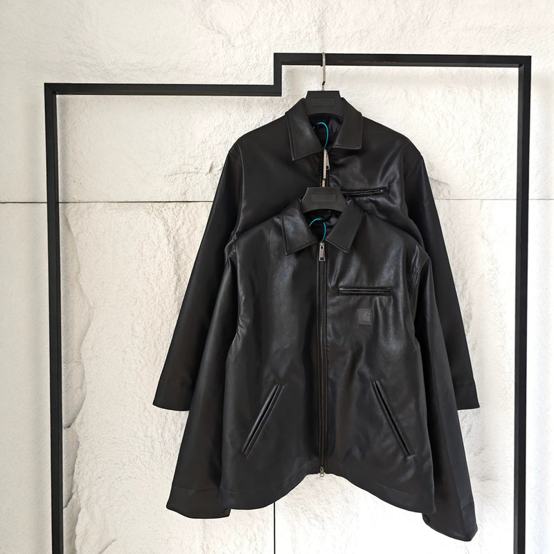Classic Car Carhartt Square Label Logo Zip-Up Detroit Solid Color Leather Jacket Classic Car Carhartt Square Label Logo Zip-Up Detroit Solid Color Leather Jacket