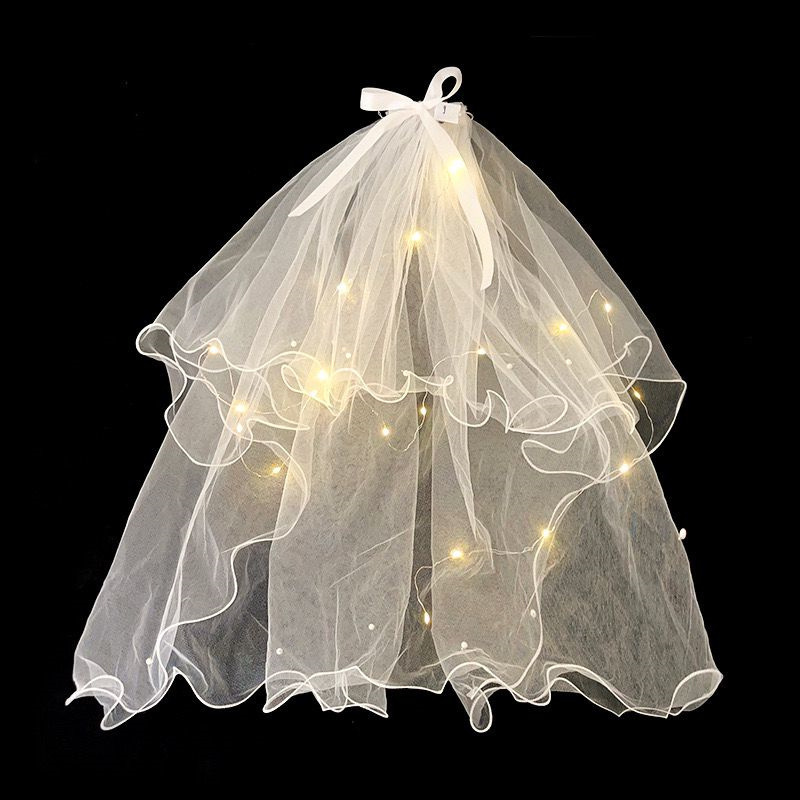 Popular Night Market Internet Sensation Glowing Headband with Pearls, Light-Up Double-Layer Fairy-Like Ribbon Bow Hairpin, Sweet and Cool Streamer