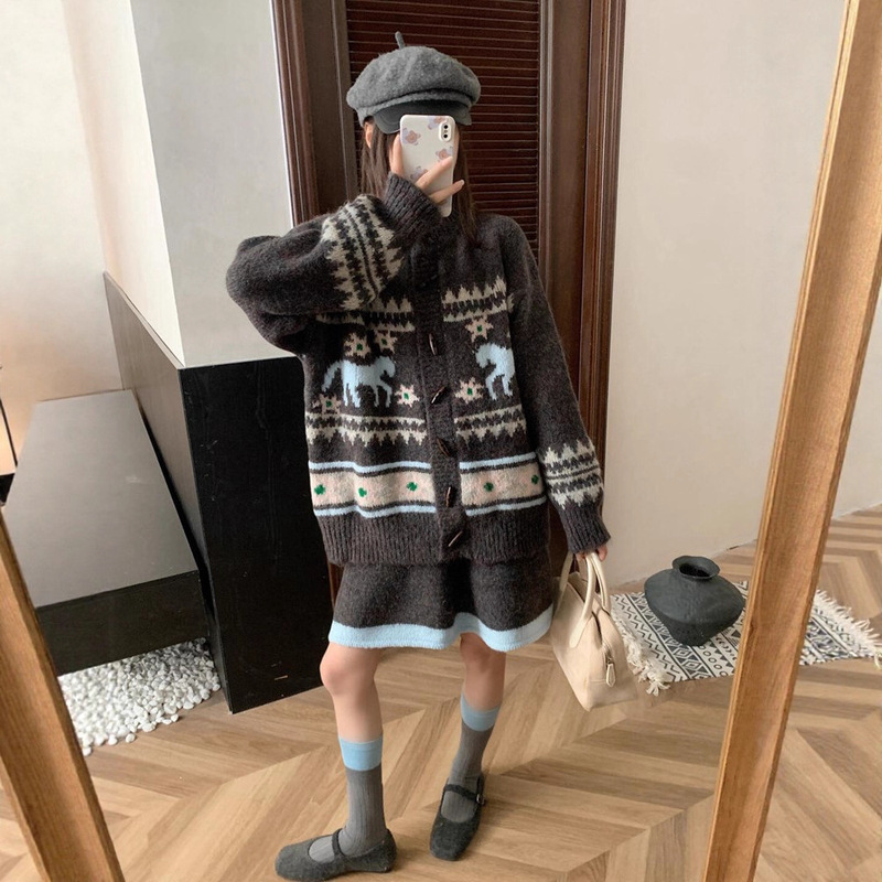 复古费尔岛加厚套装提花针织开衫半身裙冬季慵懒风两件套毛衣女装|undefined