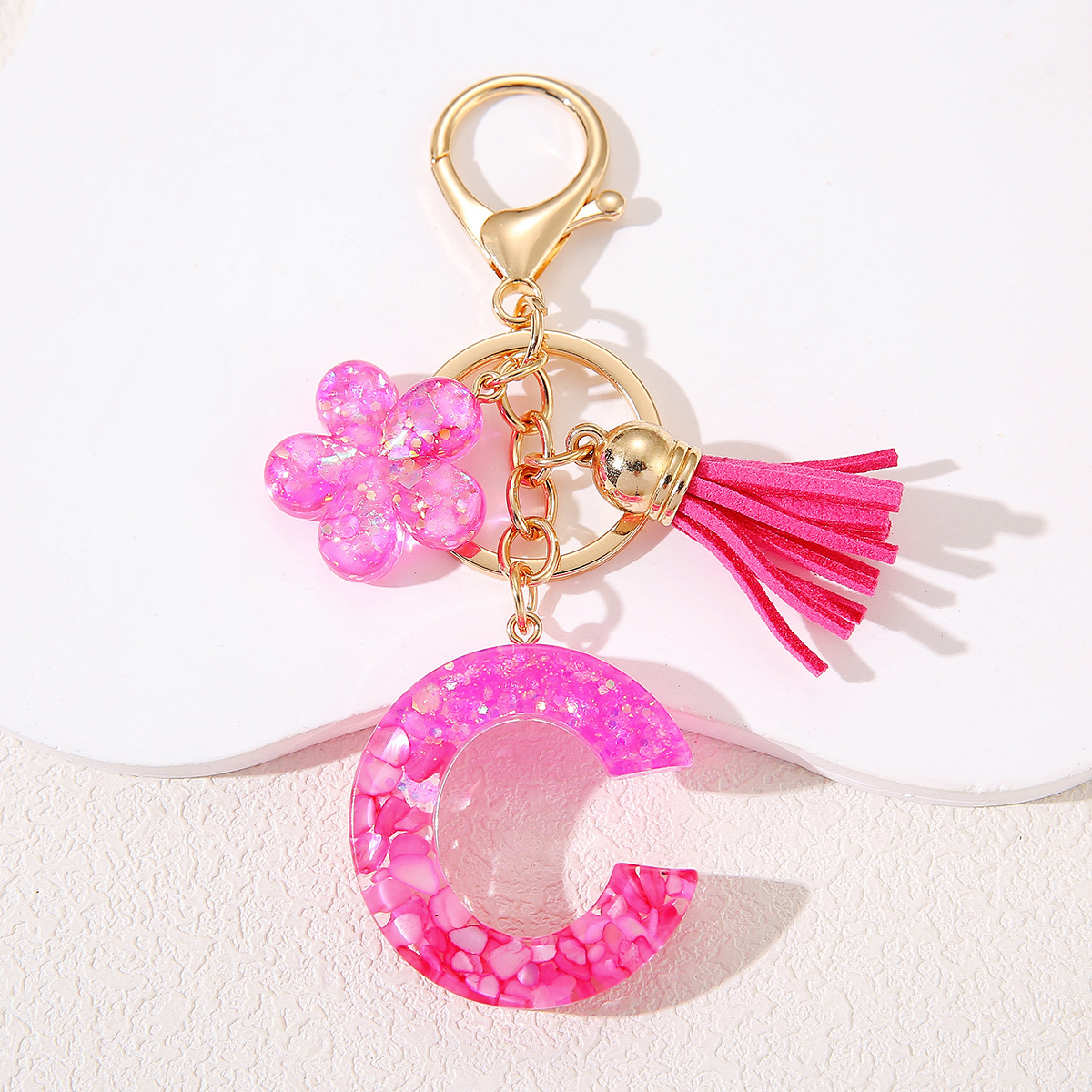 Personalizada nueva letra rosa llavero de resina piedra letra flor colgante llavero accesorios bolsos de mujer