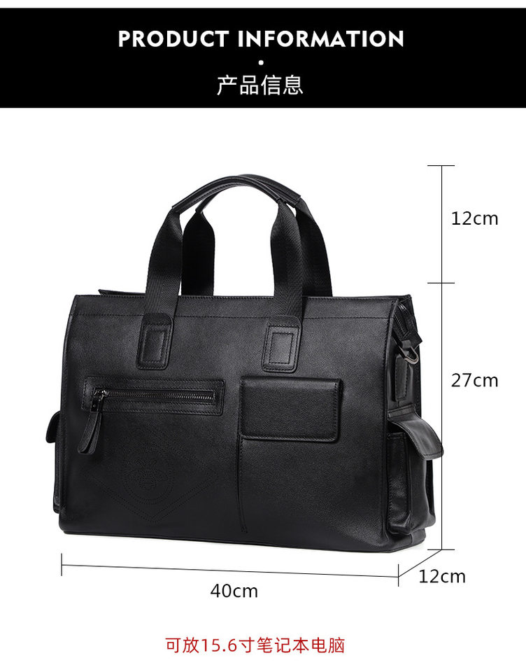 Túi xách tay nam da bò thật dung tích lớn 40×13×29 cm, đựng tài liệu và laptop 15,6 inch — Dây kéo dọc da bò màu đen, Dây kéo ngang da bò màu đen, Da cừu lớp đầu màu đen chi tiết 15