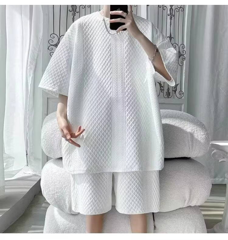Men's Athletic Waffle Knit Short Sleeve T-Shirt And Shorts 2-Piece Set, Summer Casual Sports Outfit For Teens And Young Adults_viptrois.com