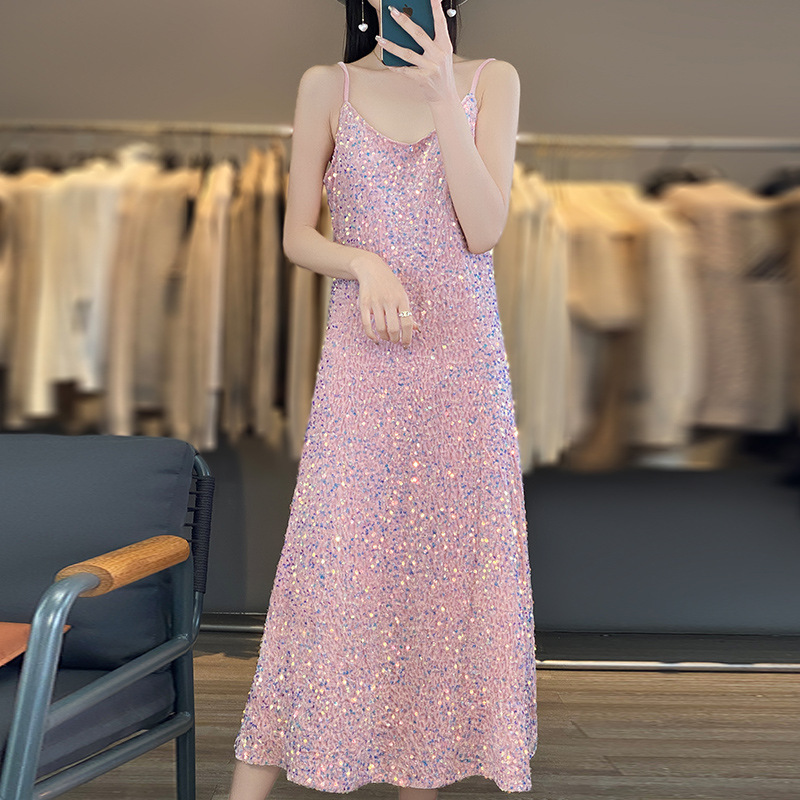 2024 Spring and Summer New Celebrity Small EVening Dress Women's High-end Banquet Elegant Sequined V Neck Suspender Long Skirt