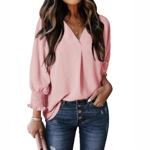 Women's V-neck Casual Long-sleeve Loose Shirt Top Blouse T-shirt - New Arrival for Fall/Winter 2024 on Amazon US and Europe