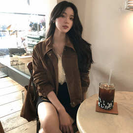 法式美拉德复古棕色系宽松鹿皮绒棒球服帅气机车短外套