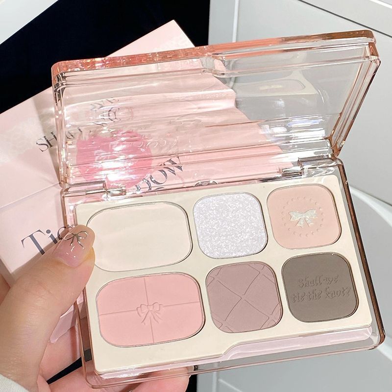 Bandeja de sombra de ojos de seis colores con lazo, rosa gris mate nacarado de baja saturación, rubor de alto brillo de color tierra, maquillaje falso