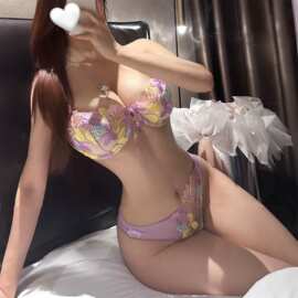 紫萱花纯欲胸罩超薄刺绣性感网纱聚拢文胸套装透视诱惑钢圈内衣