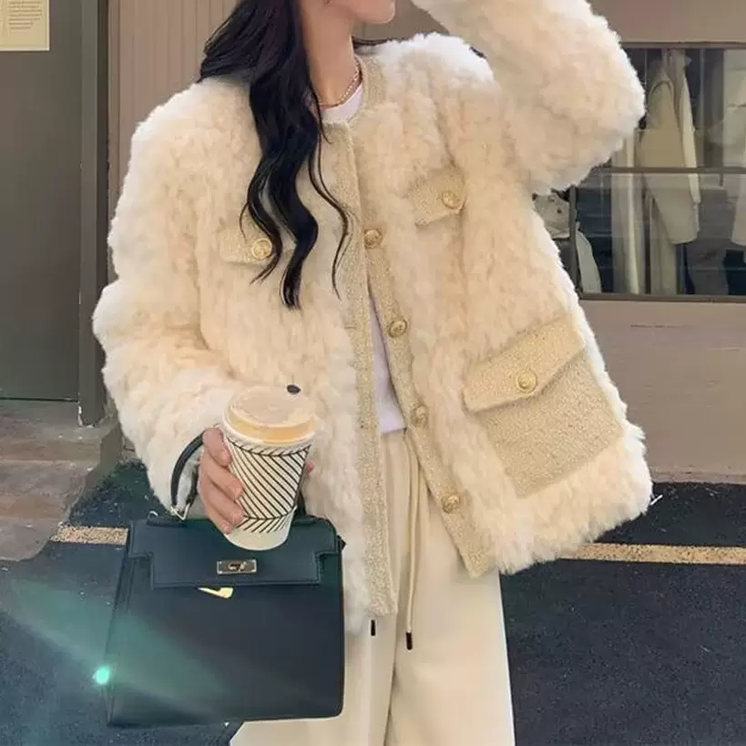 仿皮草小香风冬天外套女2025新款时尚兔毛加厚圆领网红棉服潮批发