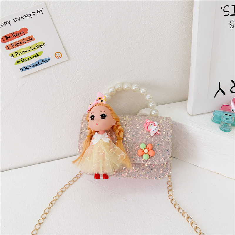 Nuevos niños estilo Chanel estilo bolsa moda perla bolso de hombro de dibujos animados muñeca bolsa de mensajero cadena