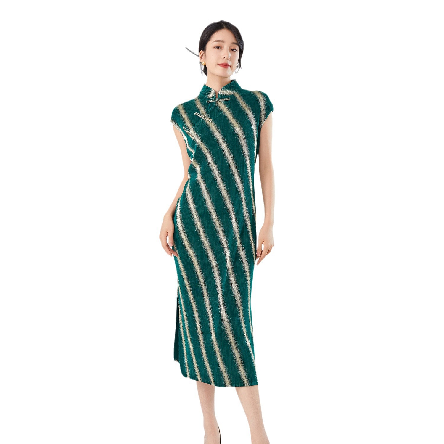 New Chinese-style Improved Version Of Women's Cheongsam Dress, New High-end Striped Elegant Split Dress By Issey Miyake_ecoleips.com
