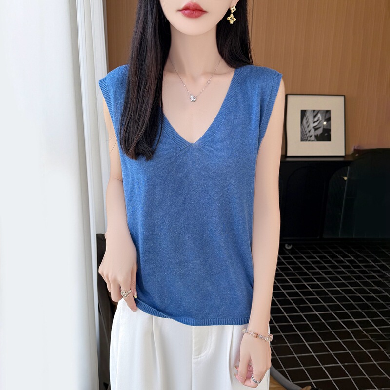 2026 Summer New Style V-Neck Seamless Knitwear for Women Loose Large Size Vest Summer Women's Sleeveless Thin Top