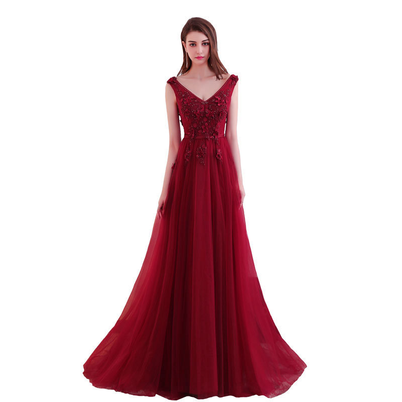 Comercio exterior europeo y americano Amazon AliExpress deseo nuevo cuello en V 3D flor con cuentas vino rojo vestido de noche vestido tostado