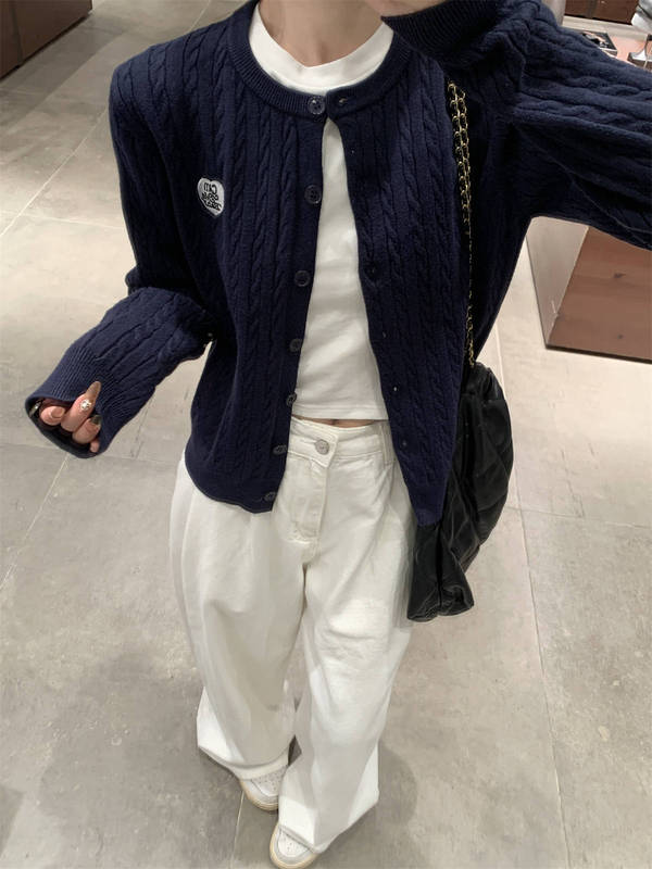 藏青色显白圆领麻花刺绣针织衫女2025春秋季小个子设计感毛衣外套|undefined