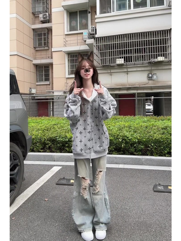 美式复古卫衣女连帽春秋薄款宽松韩系慵懒风oversize潮牌外套上衣|undefined
