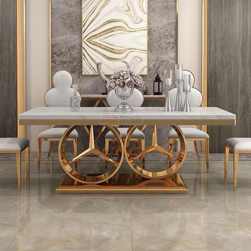 Light Luxury Marble Dining Table Rectangular Modern Simple Dining Table Household High-End Stainless Steel Gold-Plated Dining Table and Chairs