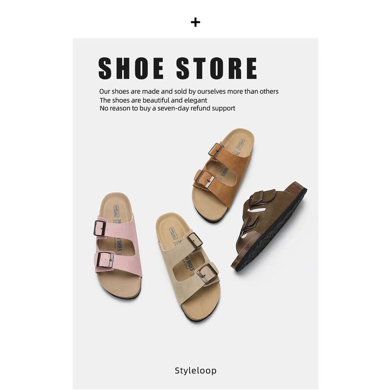 Cowhide Version in Stock, Cow Suede Retro Buckle Beach Casual Couple Thick-Soled Large Size Boken Slippers for Women