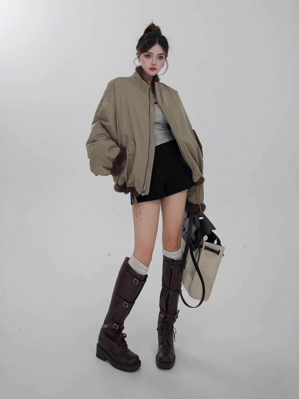 休闲两面穿短款皮草派克服冬季新款女士兔毛皮草外套保暖毛毛外套|undefined